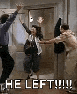 a group of people are jumping in the air in a room with the words `` he left !!! '' written on the bottom .