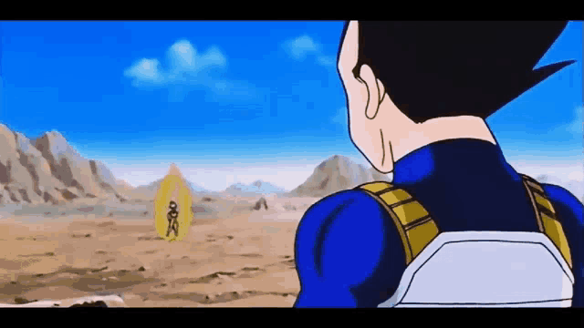 a cartoon character is standing in a desert looking at a person .