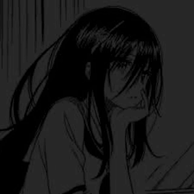 a black and white drawing of a girl with long hair and a hand on her chin .