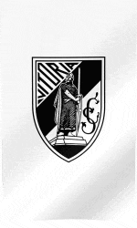 a black and white emblem with a statue of a man holding a sword and shield .