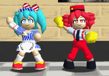 two cartoon characters standing next to each other with one wearing a red hat
