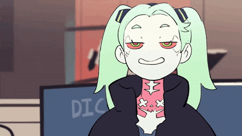 a cartoon drawing of a girl with green hair and a shirt that says " dick "