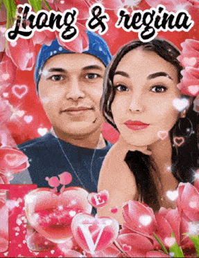 a picture of liang and regina surrounded by pink hearts