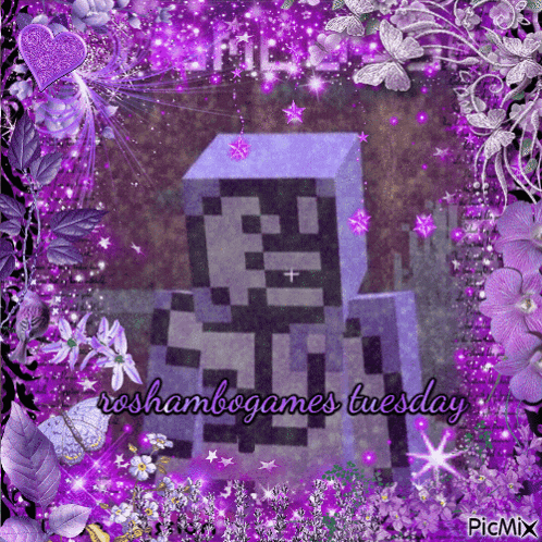 a picture of a minecraft character surrounded by purple flowers with the caption " roshambogames tuesday "