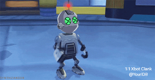 a cartoon robot with green eyes and the words 1 : 1 xbot clank