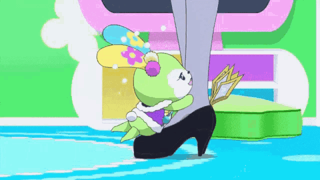 a cartoon rabbit is standing next to a woman 's leg wearing a high heel .