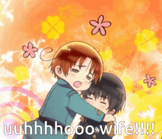 a cartoon of a man hugging another man with the words " uhhhhhooo wife !!! " written on the bottom