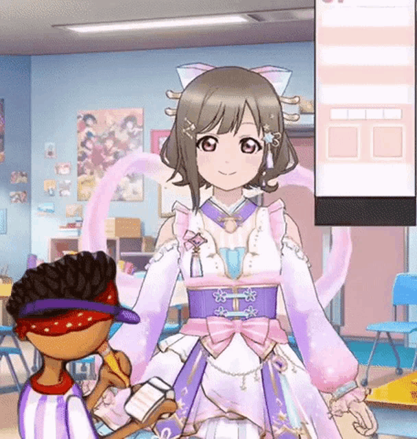 a girl in a pink and purple dress is standing next to a blindfolded boy in a classroom .