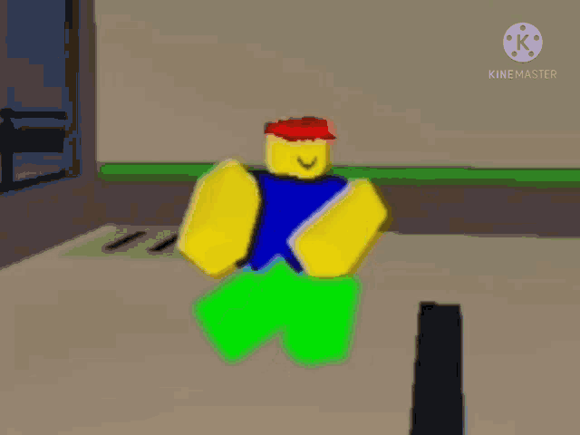 a roblox character is standing in a room with his arms outstretched and a red hat on .