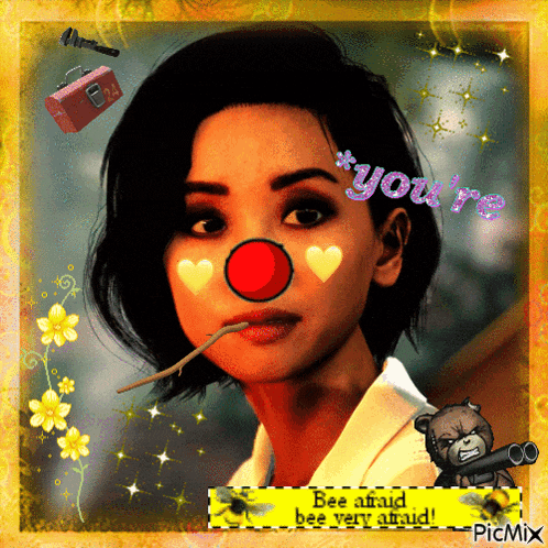 a picture of a woman with a red nose and the words " you 're " above her