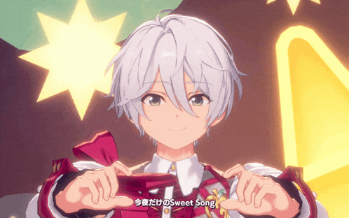 a boy with white hair is holding something in his hands and the words sweet song are on the bottom