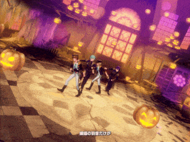 a group of people dancing in a room with pumpkins