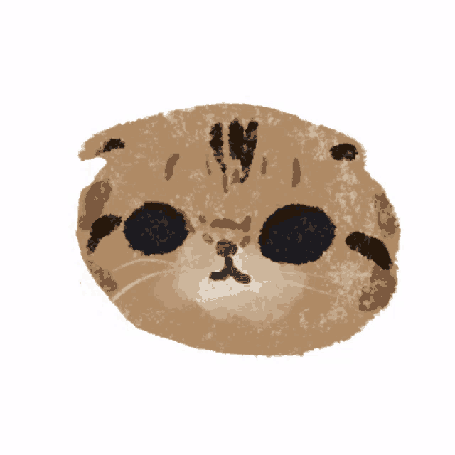 a drawing of a cat with a red nose and black eyes