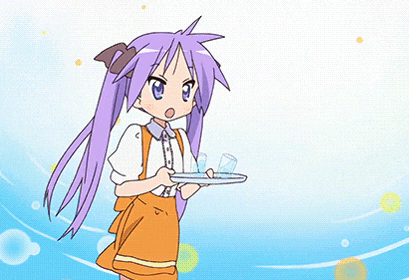 a cartoon girl with purple hair is running with a plate in her hand
