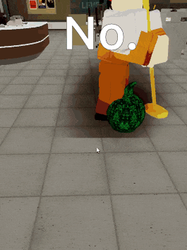 a cartoon character holding a watermelon with the word no written on the floor