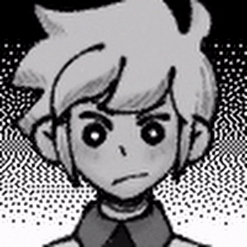 a black and white drawing of a boy with a serious face .