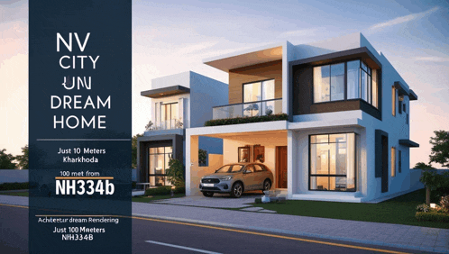an ad for a nv city un dream home with a car parked in front of it