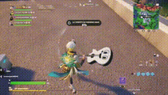 a person in a video game is holding a guitar and a sword .