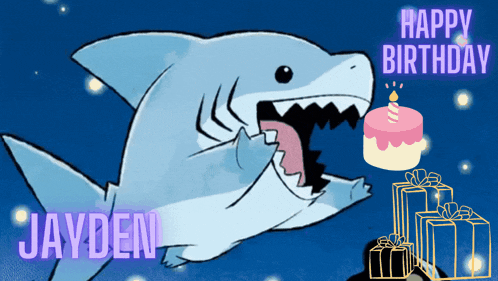 a shark with a cake in its mouth and the name jayden on the bottom