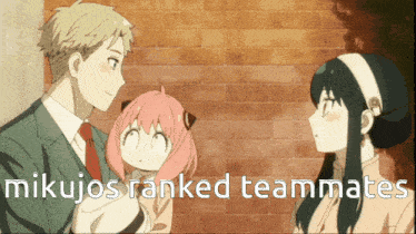 mikujos ranked teammates is written on a picture of a man and two women