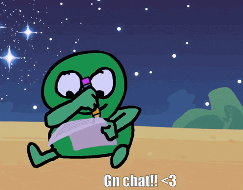 a green cartoon character is sitting on a beach with the words gn chat written below him