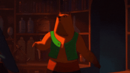 a bear in a green vest is standing in front of a shelf