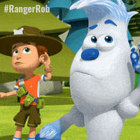 a boy in a cowboy hat is standing next to a white stuffed animal with a blue nose .