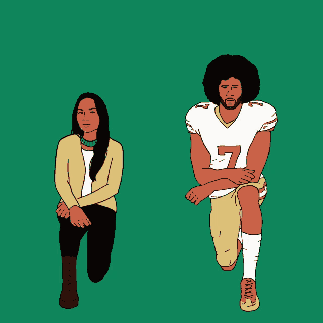 a drawing of a woman kneeling next to a football player wearing a number 7 jersey