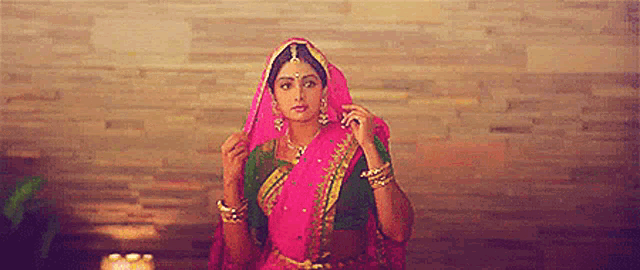 a woman is wearing a pink and green sari and standing in front of a wooden wall .