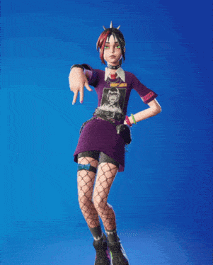 a girl wearing a purple shirt and fishnet stockings is standing in front of a blue background