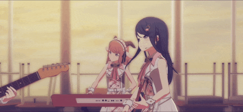 two anime girls are standing next to each other and one is playing a guitar