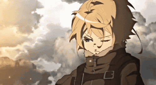 a girl with a ponytail is standing in front of a cloudy sky with her eyes closed .