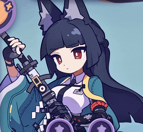 a cartoon drawing of a girl with long black hair holding a gun with the letter h on it