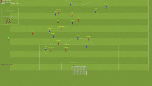 a soccer game is being played on a green field with players in red and blue