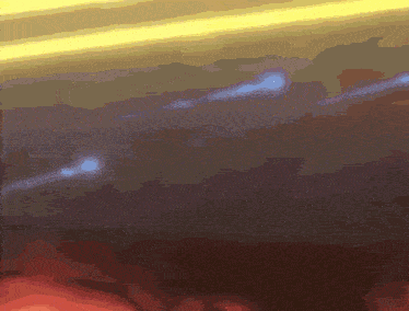 a painting of a landscape with clouds and a yellow line