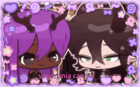 a picture of a girl with purple hair and a boy with brown hair with the words veydronia canon below them