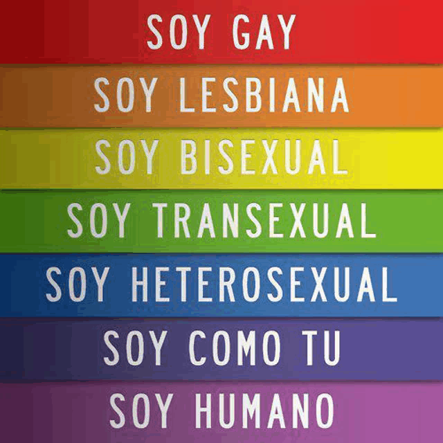 a rainbow background with the words soy gay soy lesbiana soy bisexual soy transsexual soy heterosexual soy como tu soy humano on it