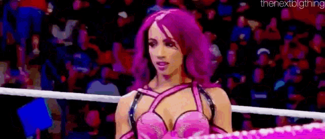 a woman in a pink dress is standing in a wrestling ring .