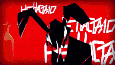 a red background with a black and white drawing of a rabbit and the words " he-ha-ta-id "