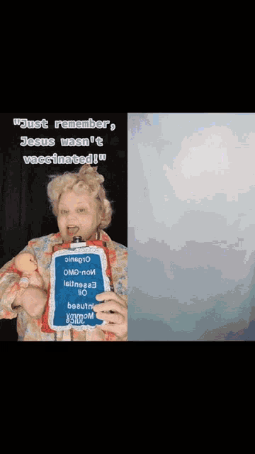 a woman holding a clipboard with the words " just remember jesus wasn 't vaccinated " on it