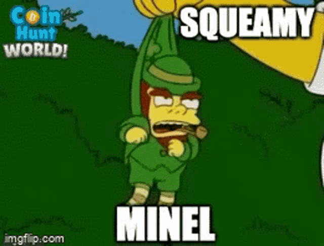 a cartoon of a leprechaun with the words squeamy minel written below him