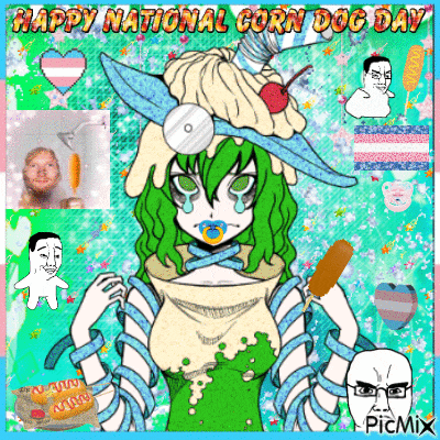 a picture of a girl with green hair and a hat that says happy national corn dog day .