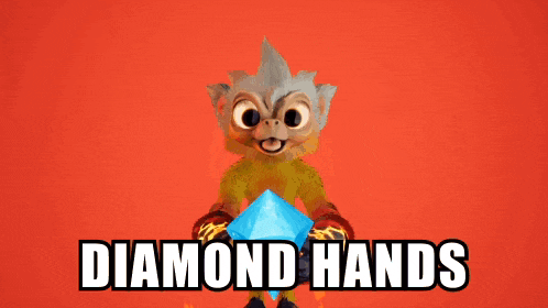 a cartoon monkey holding a diamond in its hands with the words diamond hands written below it