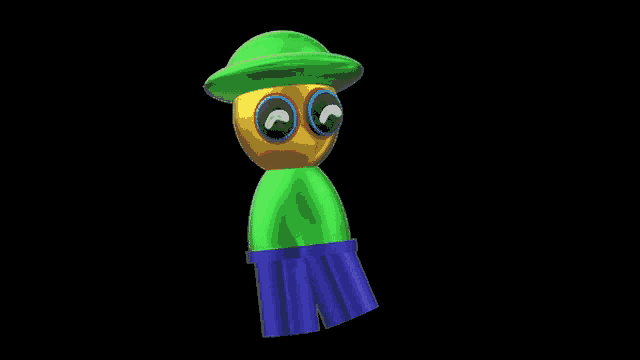 a cartoon character wearing a green hat and blue pants is flying in the air .