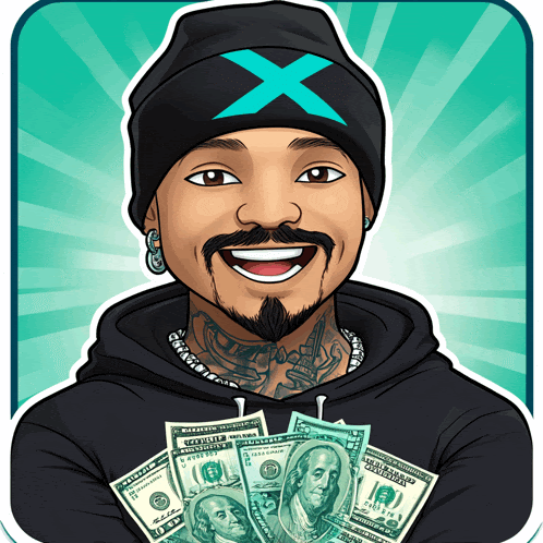 a man wearing a black hat with an x on it is holding a bunch of dollar bills