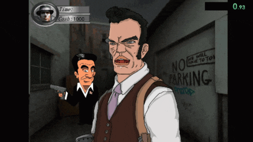 a cartoon of a man holding a gun with a no parking sign on the wall behind him