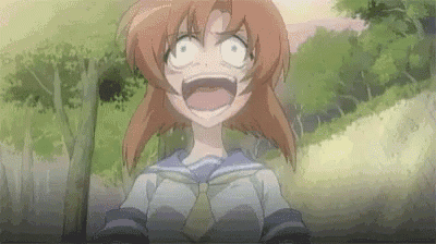 a girl in a school uniform is making a funny face while standing in the woods .