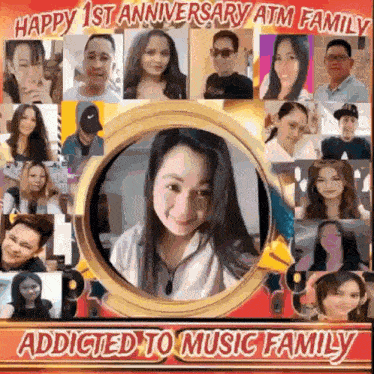 a collage of photos of people with the words happy 1st anniversary atm family addicted to music family on the bottom