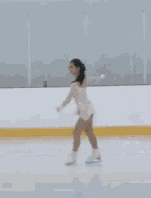 a woman in a pink dress is skating on an ice rink .