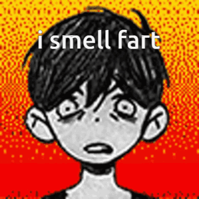 a black and white drawing of a boy with a red background and the words `` i smell fart '' .